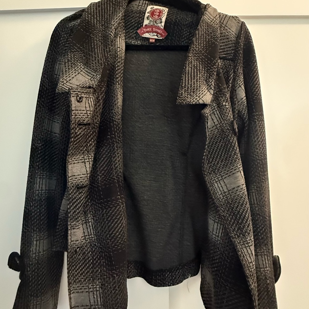 Three Stones -  Women's Black and Gray Plaid Pea Coat - Picture 3 of 5